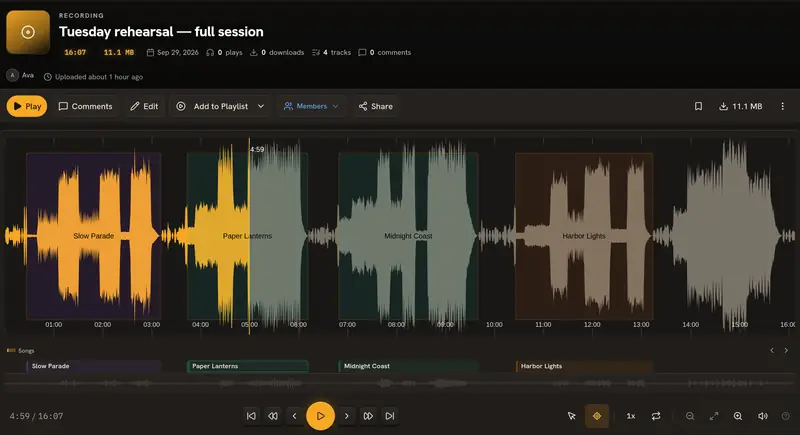 A 16-minute rehearsal recording with four songs marked on the waveform and listed by name underneath